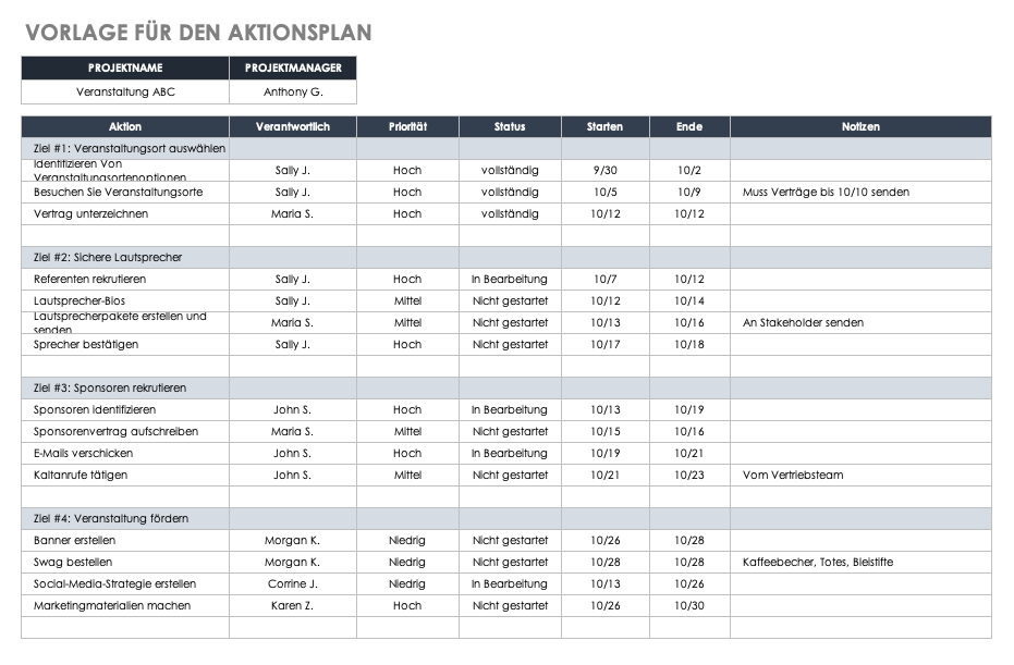 Ansicht der Projektplan-Excel-Vorlage