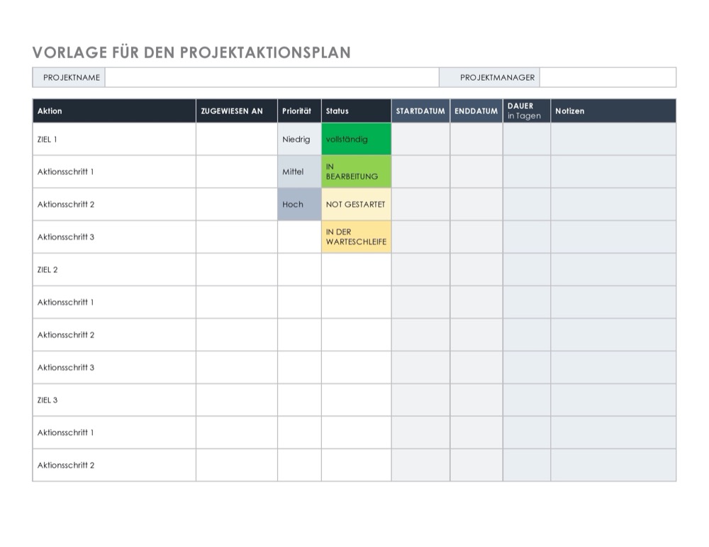 Ansicht der Projekt-Aktionsplan-Vorlage