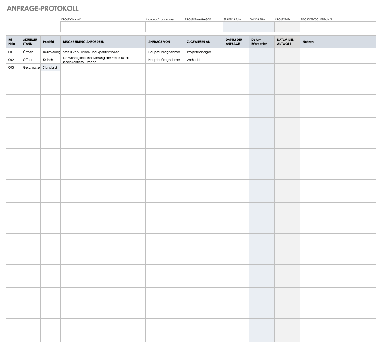 Request for information Log Template German