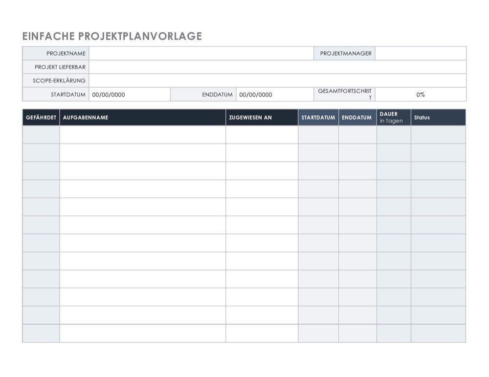 Ansicht der einfachen Projektplan-Excel-Vorlage