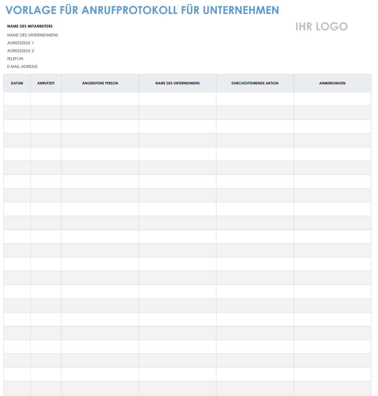  Vorlage für ein Geschäftsanrufprotokoll