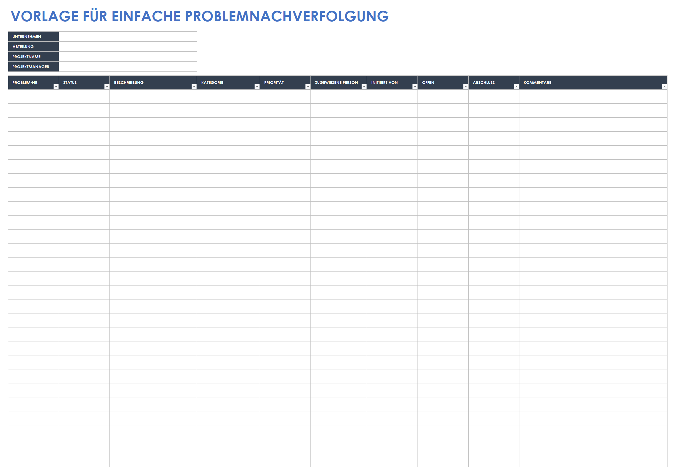  Einfache Vorlage zur Nachverfolgung von Problemen