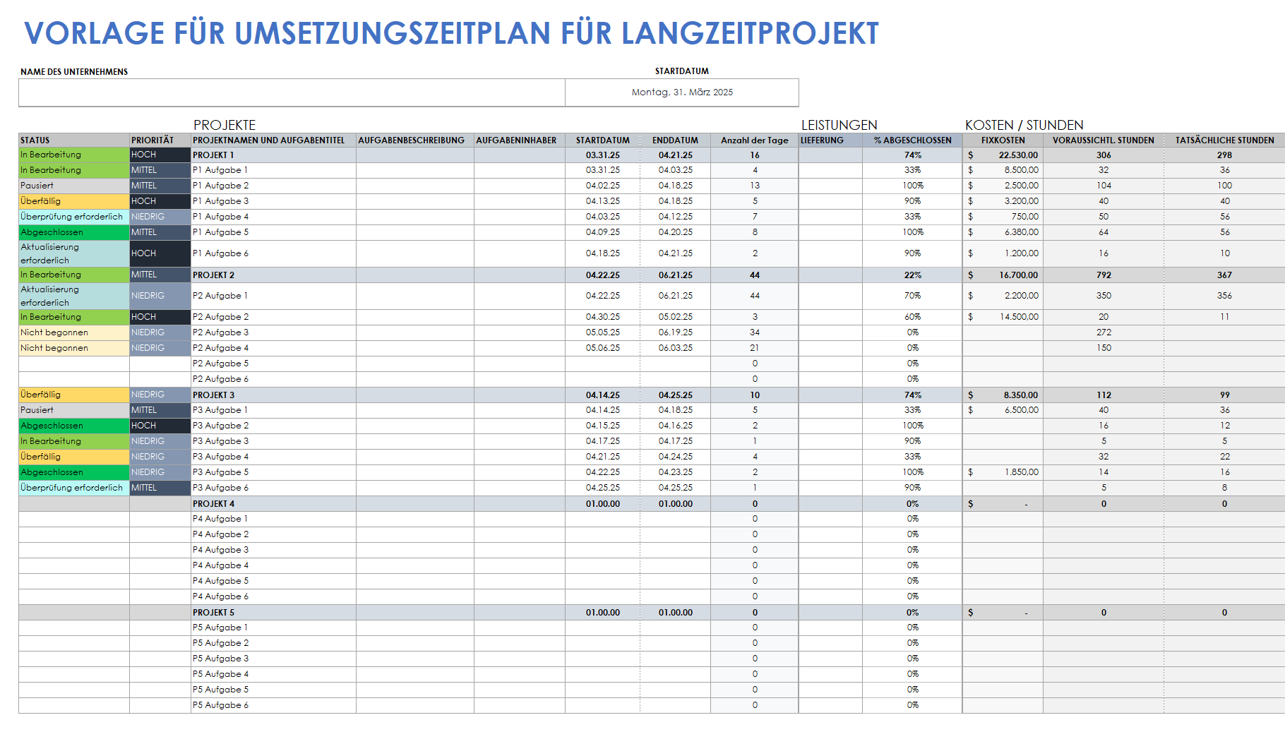  Vorlage für den Zeitplan für die langfristige Projektausführung