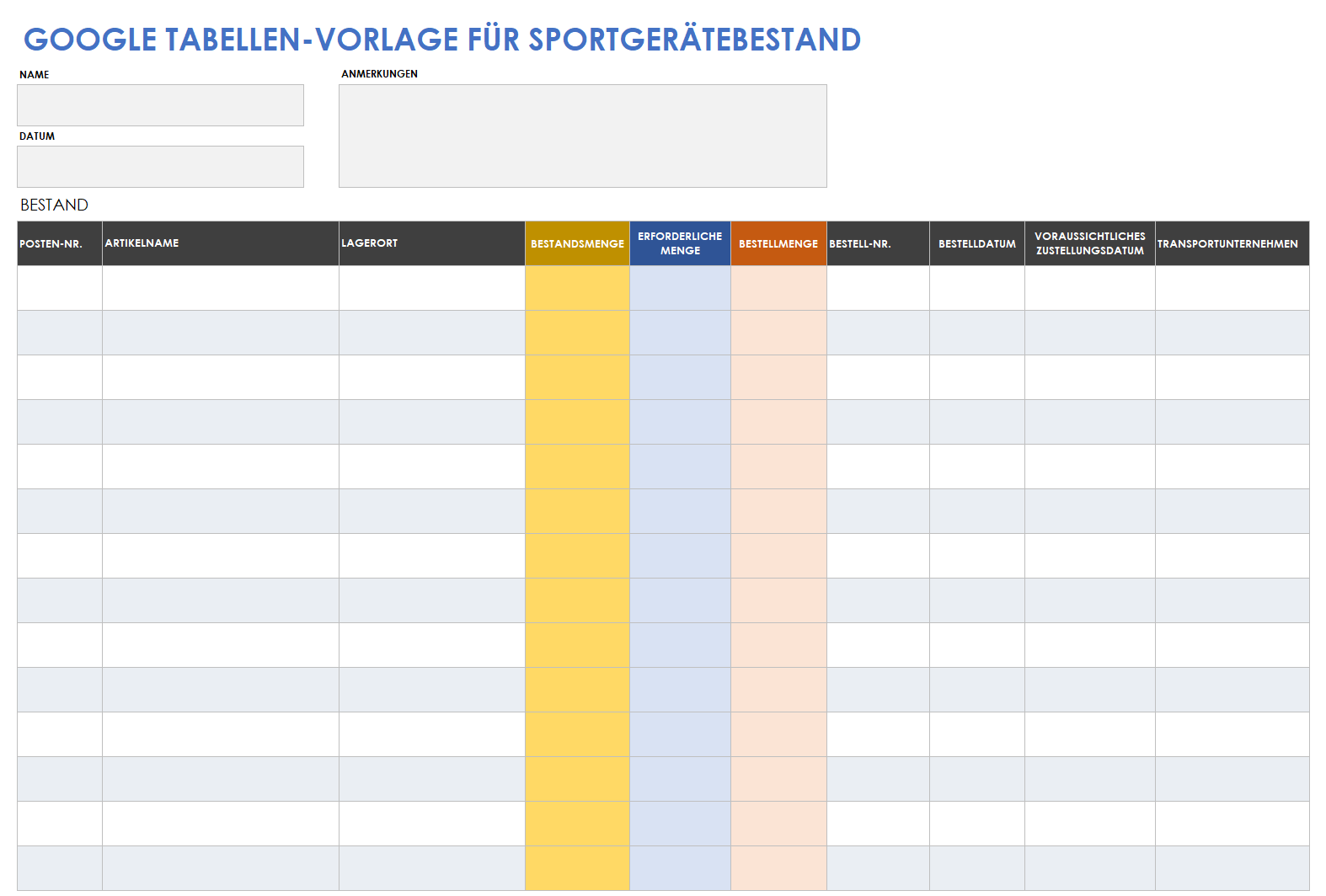  Google Sheets-Vorlage für das Inventar von Sportgeräten