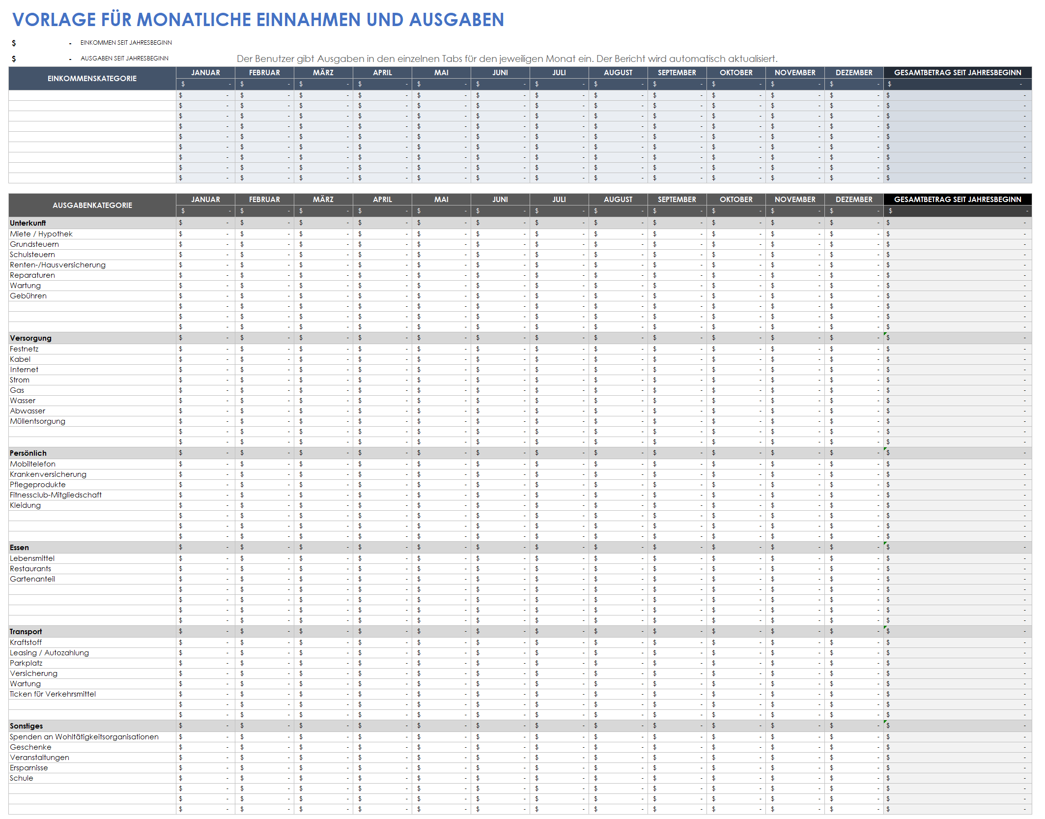  Vorlage für monatliche Einnahmen und Ausgaben