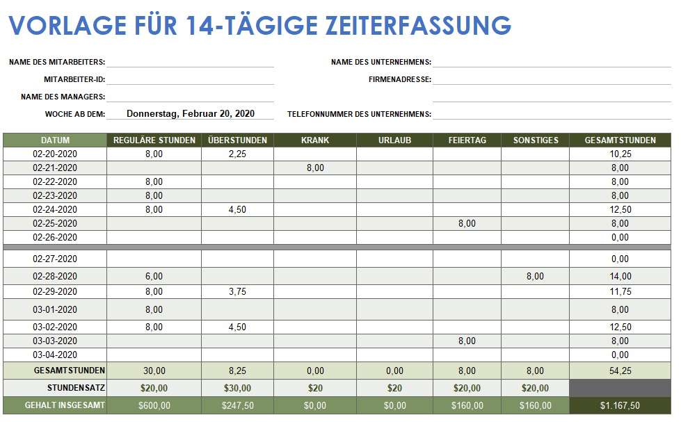 Zweiwöchentliche Arbeitszeittabelle