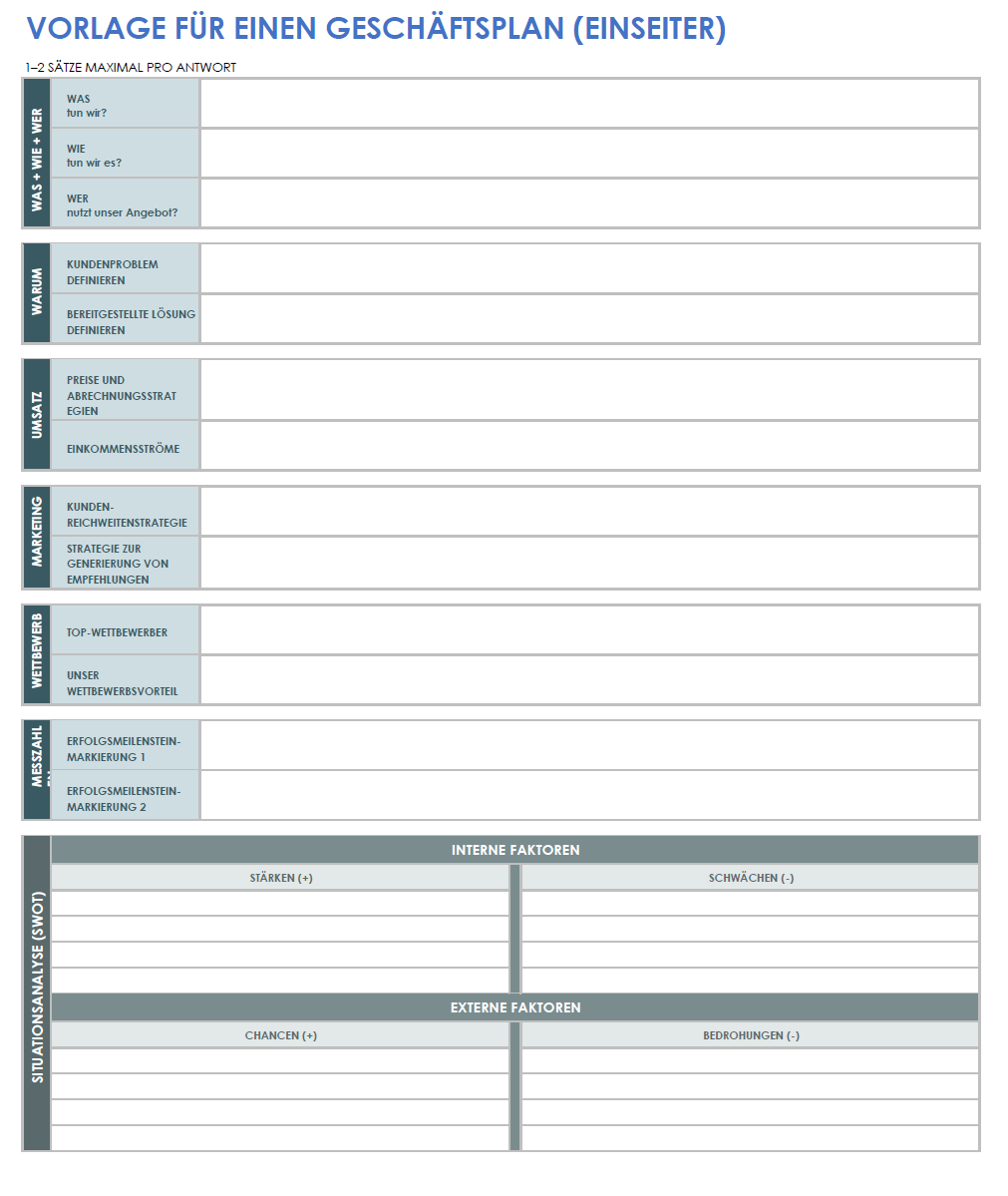  Einseitige Businessplan-Vorlage