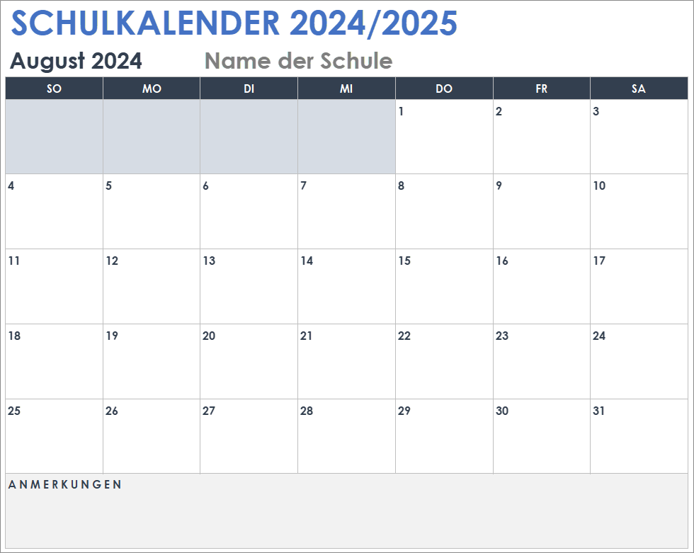  Vorlage für den Schulkalender 2024–2025