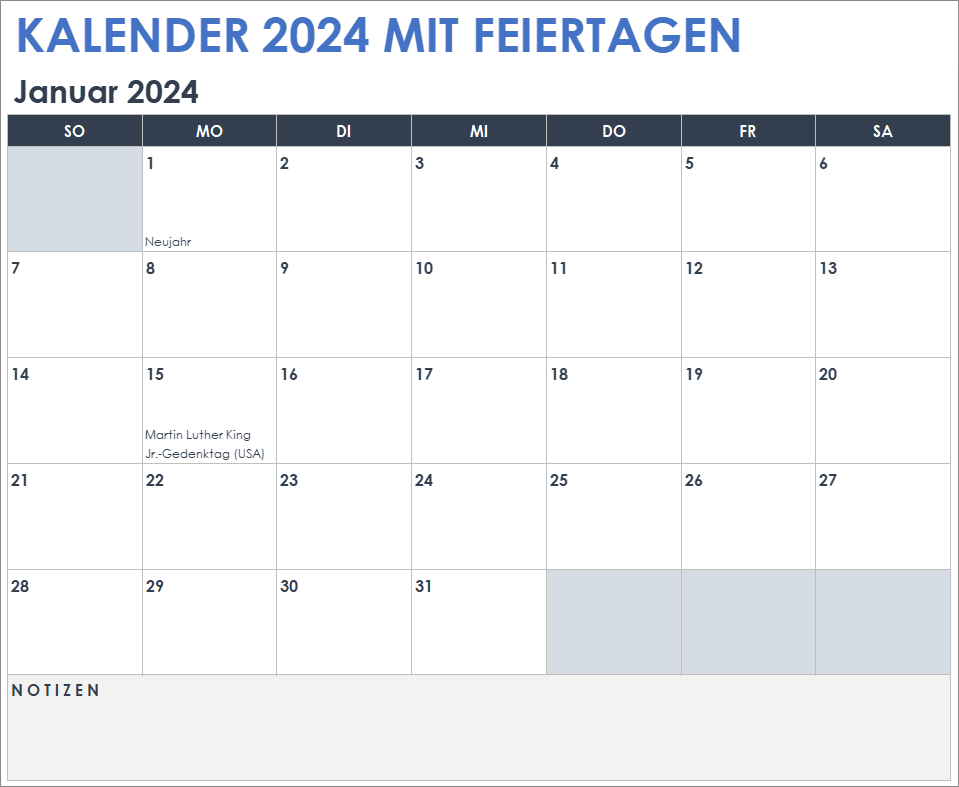  Vorlage für einen Kalender mit Feiertagen 2024