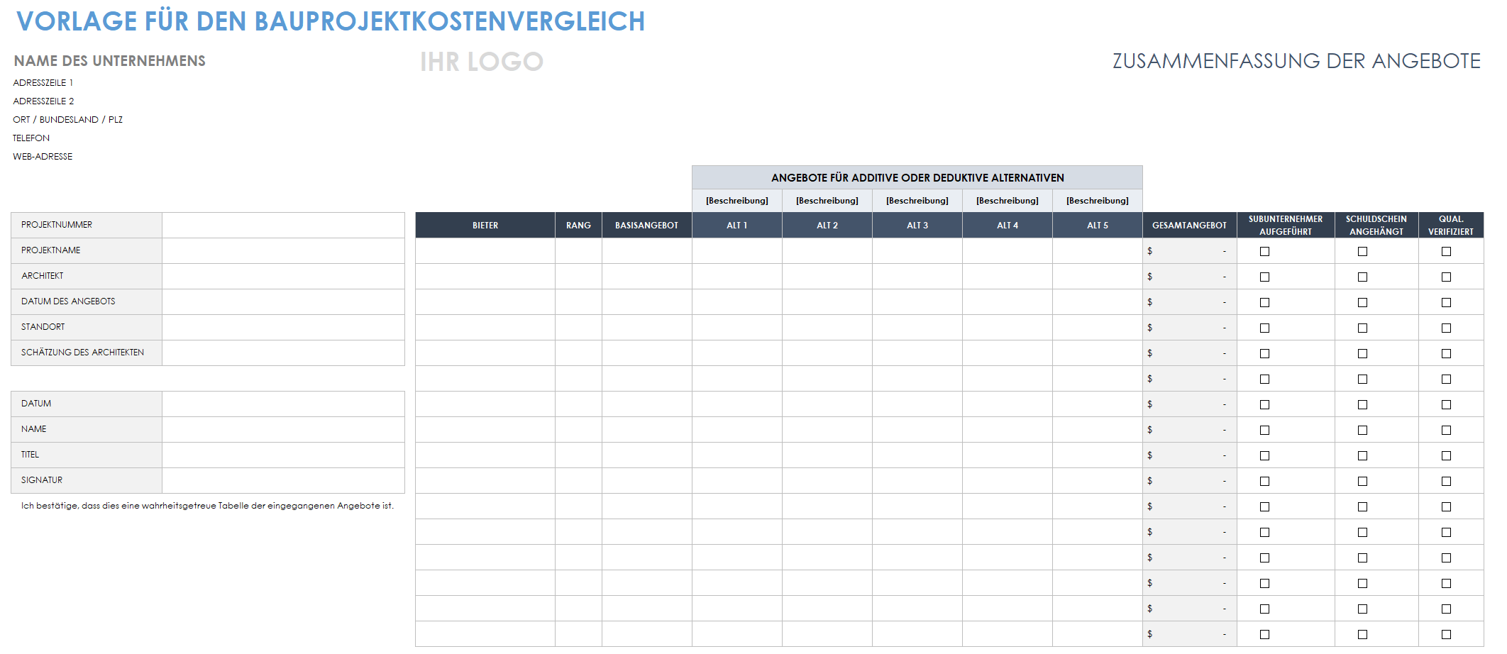 Vorlage für den Kostenvergleich von Bauprojekten